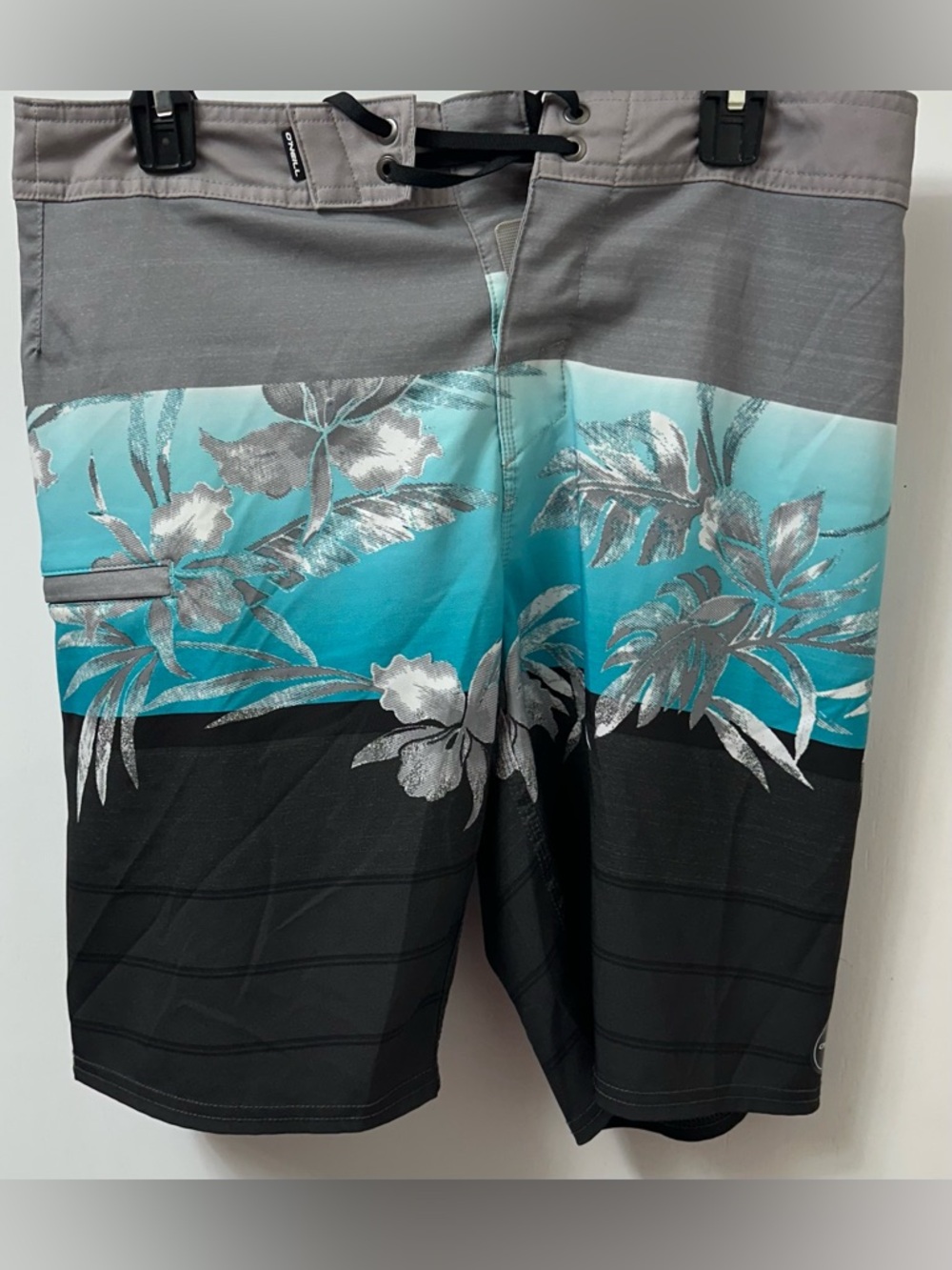 O'Neill Gray, Aqua & Black Floral Swim Trunks